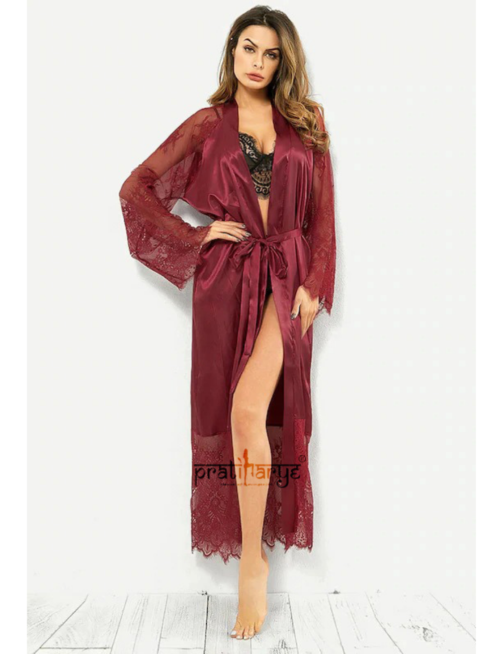 Premium Eye Lace Long Satin Robe