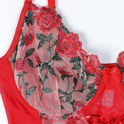 Floral Embroidered Corset Sexy Lingerie Set