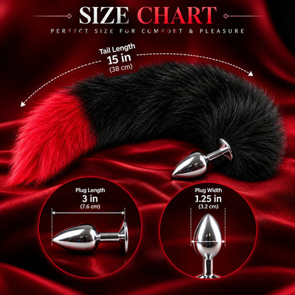 Black &amp; Red Furry Fox Tail Steel Butt Plug