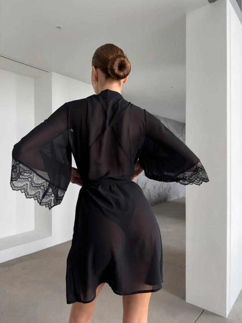 Lace Deep Plunge Bodysuit with Sheer Robe