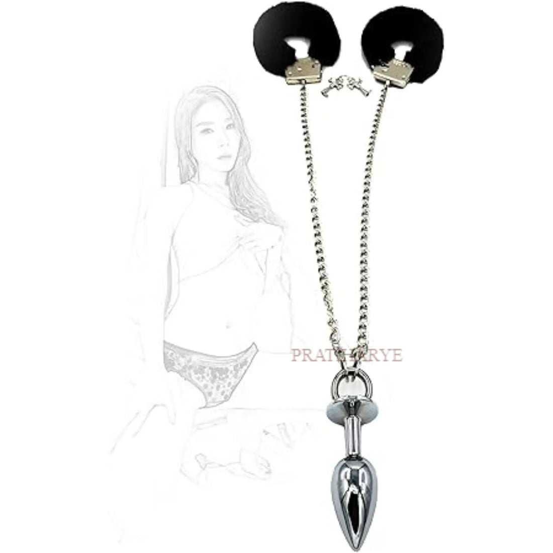 Soft Furry Steel Handcuff with Butt Plug Chain