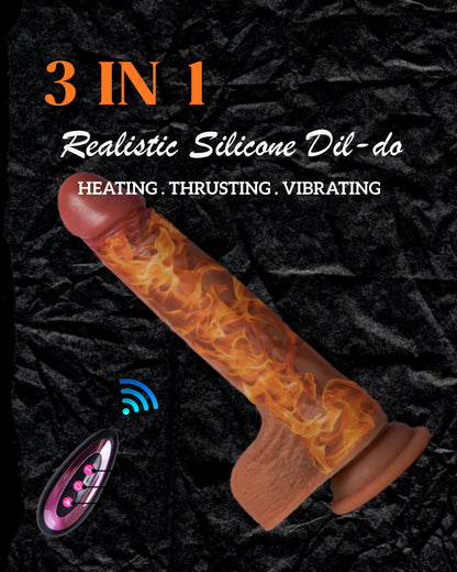 Realistic Silicone 3 in 1 Dil-do with Remote Control, Heating &amp; Telescopic Thrusting