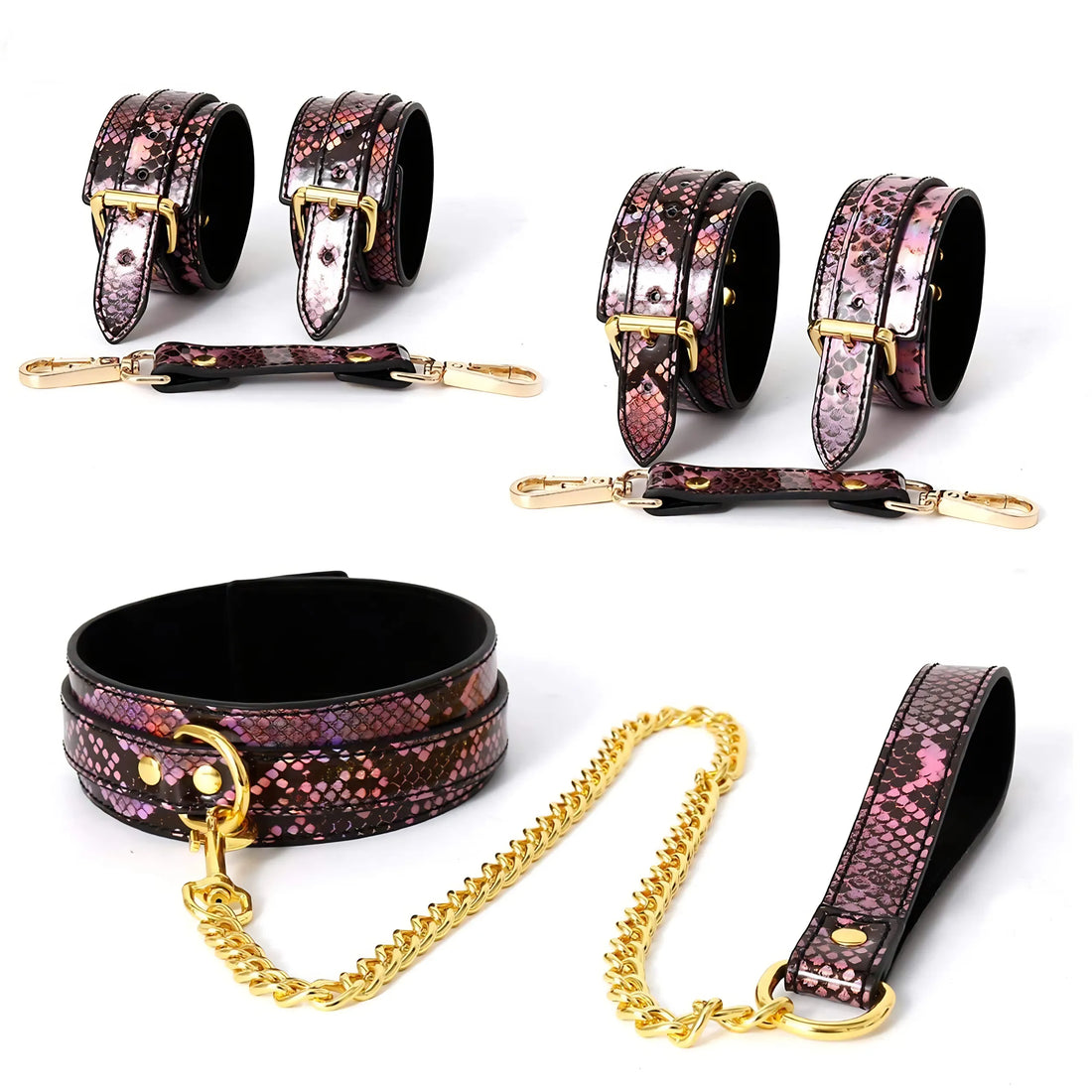 Snake Print BDSM Collar &amp; Cuffs Set with Gold Chain