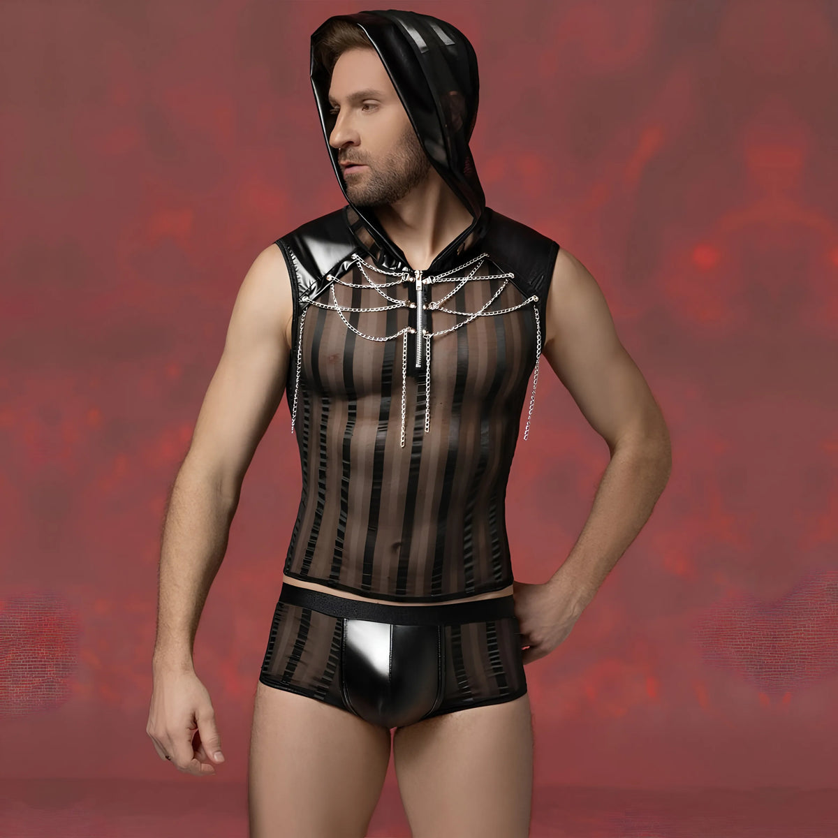 Men’s Sexy Lingerie Chain-Striped Hood Top &amp; Shorts Set