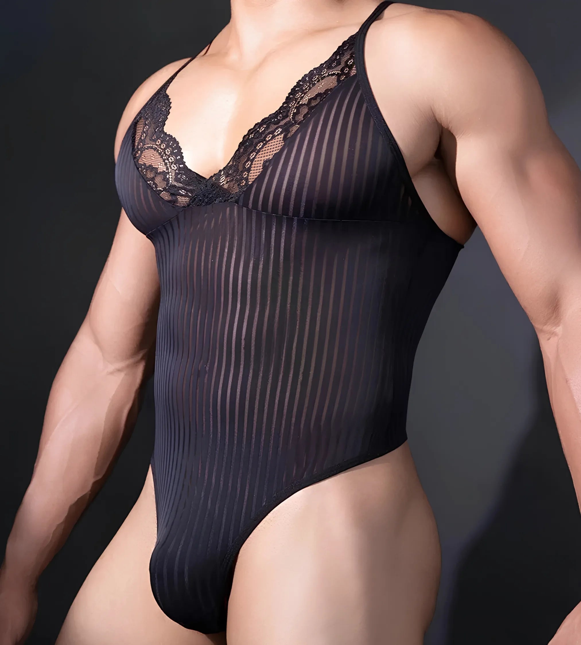 Men’s Sheer Striped LingerieLace Bodysuit Teddy