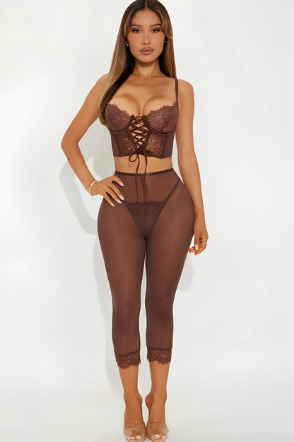 Brown Sexy Lingerie Lace Bustier Corset with Sheer Tights