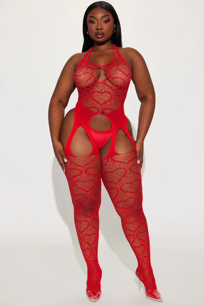 Open Crotch Red Heart Fishnet Bodystocking