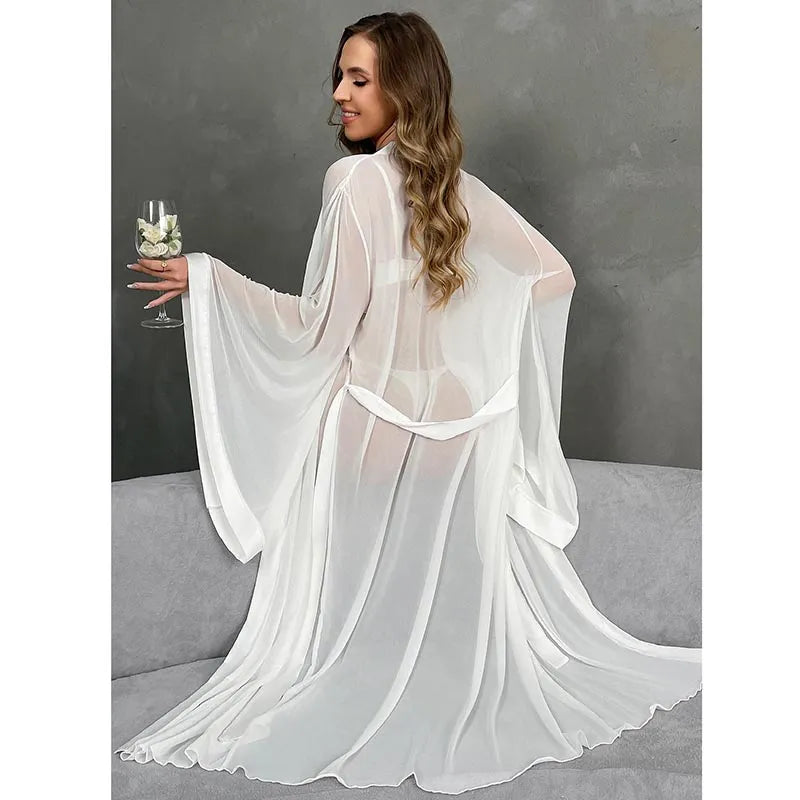 Premium White Sheer Mesh Flare Sleeve Long Robe