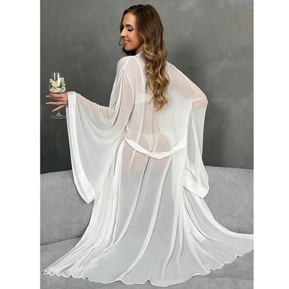 Premium White Sheer Mesh Flare Sleeve Long Robe