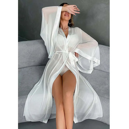 Premium White Sheer Mesh Flare Sleeve Long Robe
