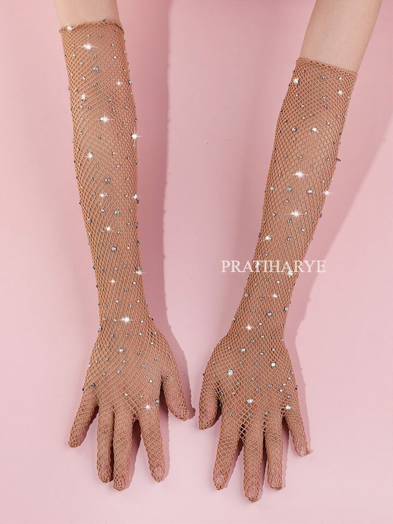 Rhinestone Fishnet Long Gloves