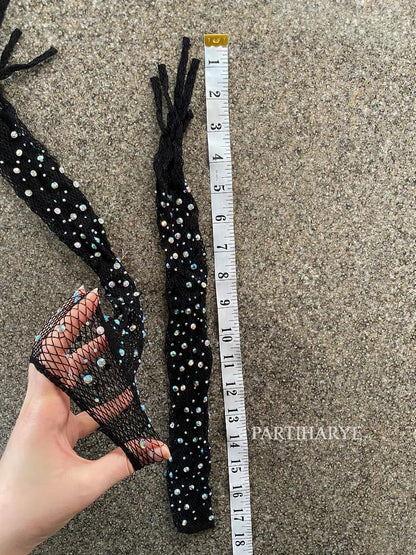 Rhinestone Fishnet Long Gloves