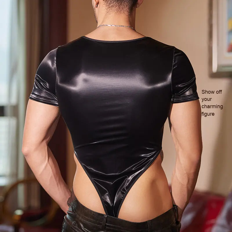 Sexy Faux Leather Mesh Bodysuit for Men