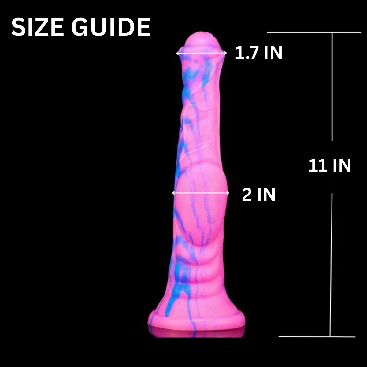 Pink and blue swirled silicone sex toy with length and width markings