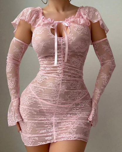 Lace Ruffled Babydoll Dress with Gloves
