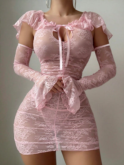 Lace Ruffled Babydoll Dress with Gloves