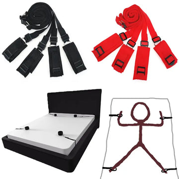 Red and black bed restraining straps set with under-bed cuffs and wrist ring frame