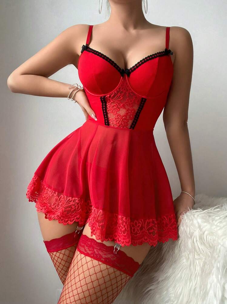 Red Sexy Babydoll Dress lingerie set with stocking