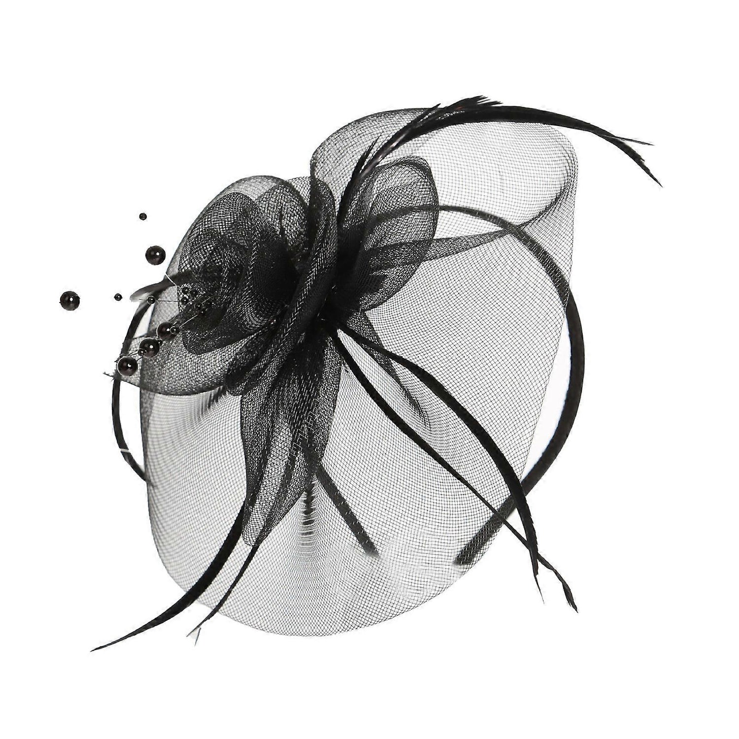 Elegant Black Net Pearl Fascinators Hat with Hairband