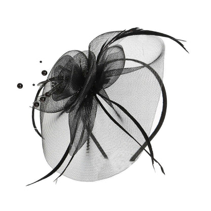 Elegant Black Net Pearl Fascinators Hat with Hairband