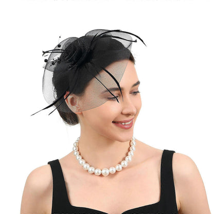 Elegant Black Net Pearl Fascinators Hat with Hairband