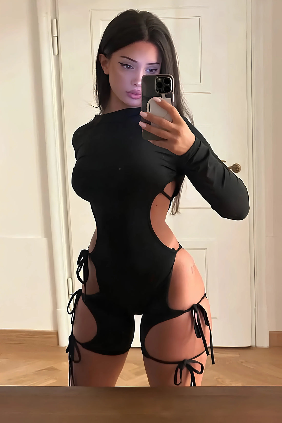 Black Long Sleeve Sexy Lingerie Cut-Out Romper
