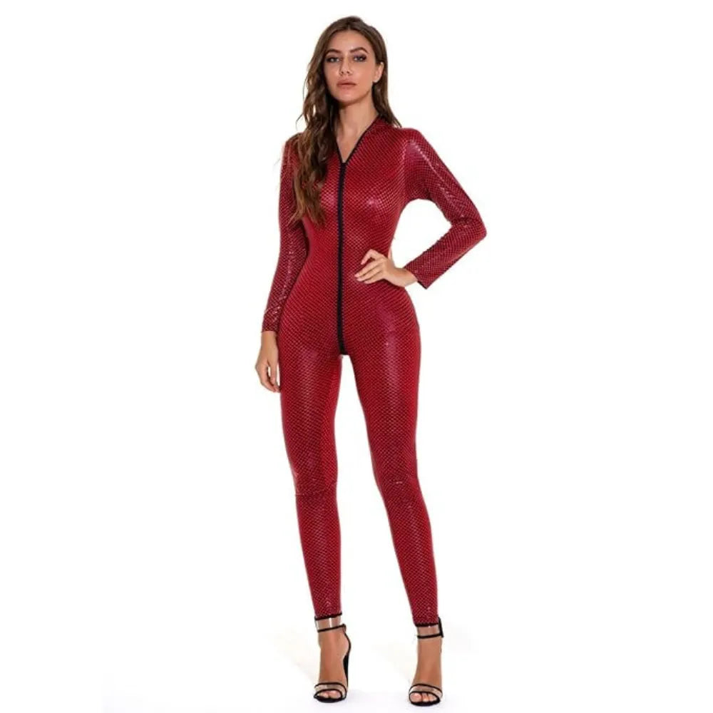 Snake skin Full-Sleeve Zipper Catsuit