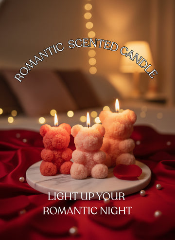 Scented teddy bear low-temperature candle with pink and peach bear figures in a tray.