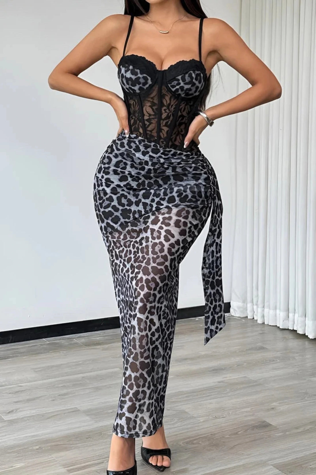 Sexy Leopard Print Lace Corset Midi Dress for Women