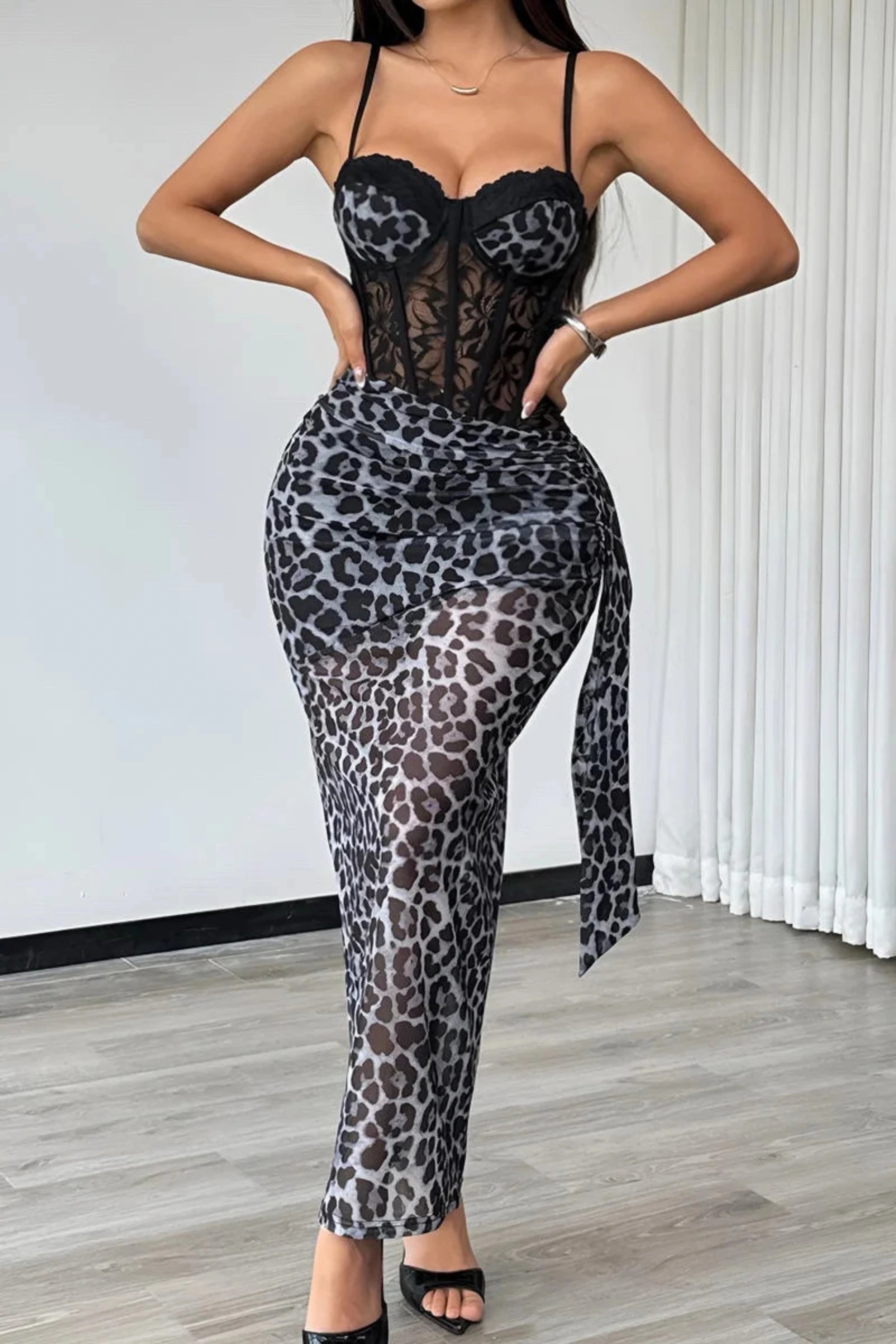 Sexy Leopard Print Lace Corset Midi Dress for Women