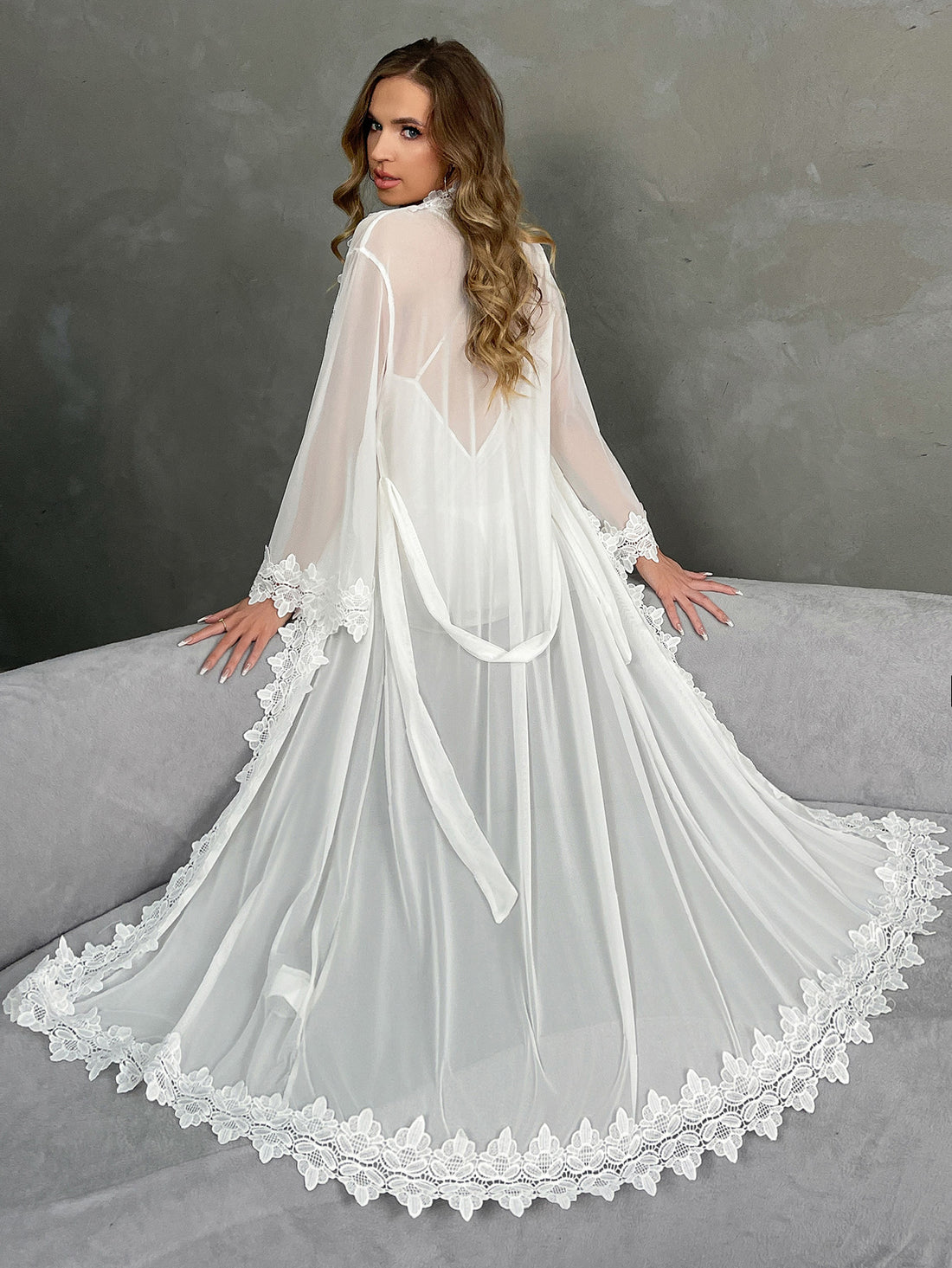 2pc Blossom Sheer Luxury Satin Chemise and Lace Robe