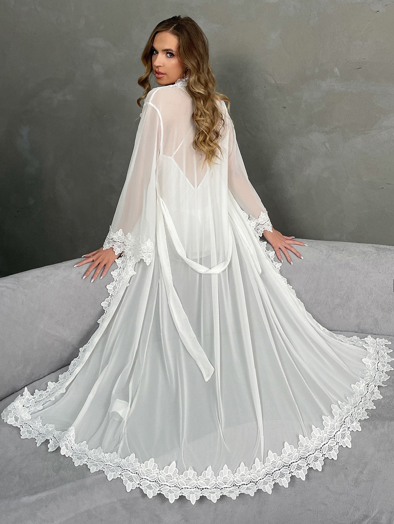 2pc Blossom Sheer Luxury Satin Chemise and Lace Robe