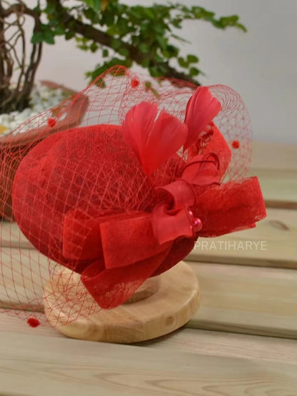 French Elegant Women Banquet Fascinator Hat With Veil Flowers Feather | HAT-14