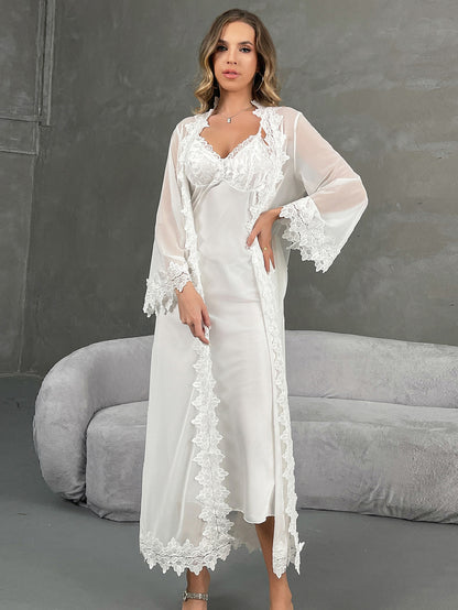 2pc Blossom Sheer Luxury Satin Chemise and Lace Robe