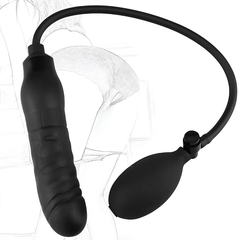 Black inflatable vibrating adult toy with curved hose and bulb ends