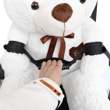 PU leather hand cuff restraint on plush bear paws with buckle closure