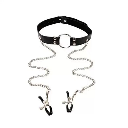 Metal Ring Leather Gag with Nipple Clamps