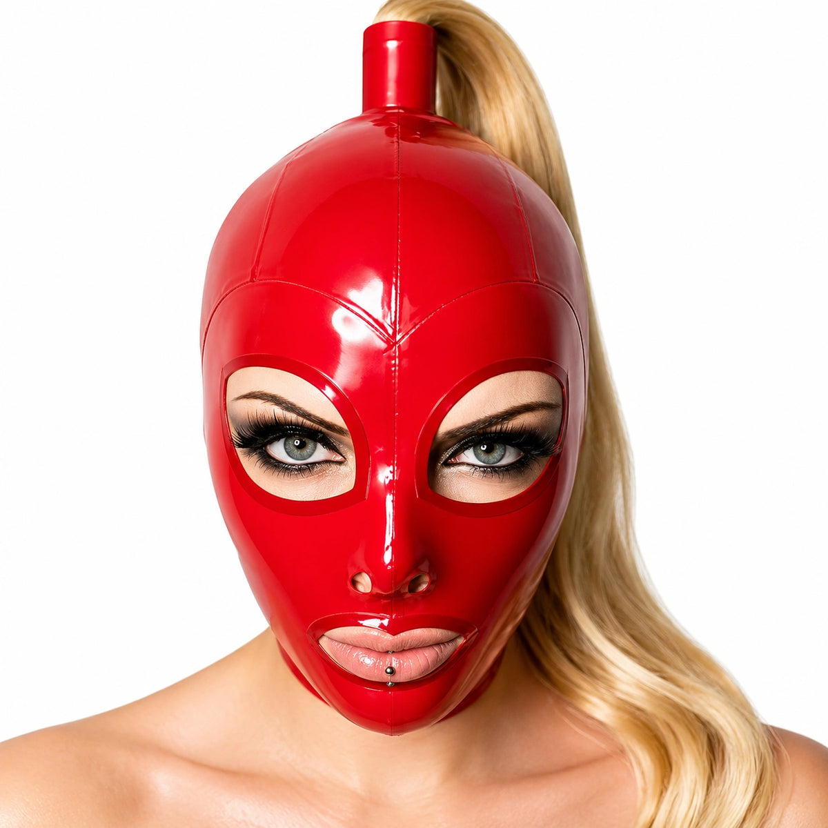 Premium Handmade Red Latex Hood Mask with Blonde Ponytail
