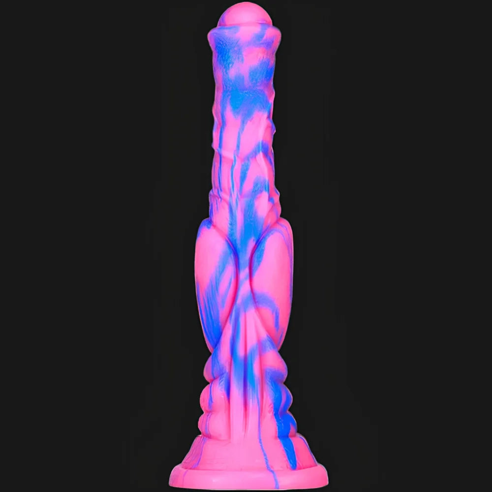 Pink and blue swirled silicone sex toy, standing upright with flared base