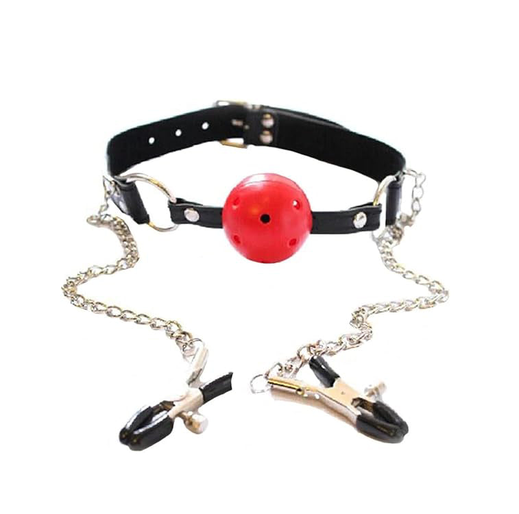 Leather Strap Gag Ball with Nipple Clamps