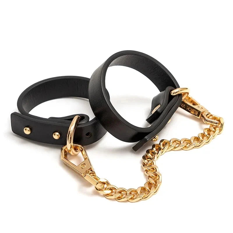 Leather Wrist Cuffs with Gold Chain