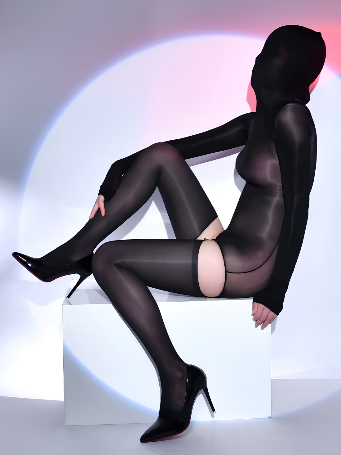 Semi  Zentai Suit Hooded Oil Glossy