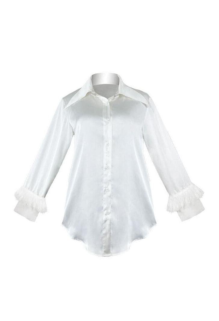 Ivory Satin Feather-Cuff Night Shirt