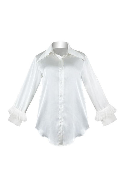 Ivory Satin Feather-Cuff Night Shirt