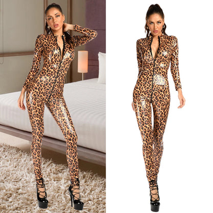 Leopard Print Full-Sleeve Zipper Catsuit