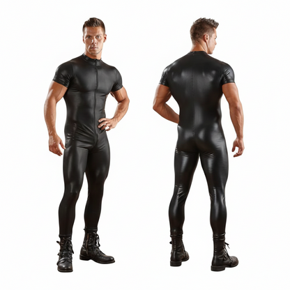 Men Pu Leather Half Sleeve Jumpsuit Matt Finish
