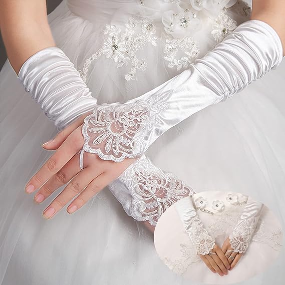 Elegant White Satin Bridal Gloves with Lace Detailing