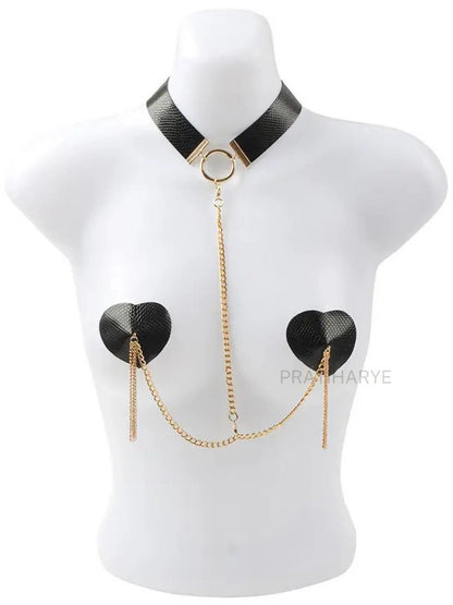 Neck choker with attached Chain Heart Nipple Cover