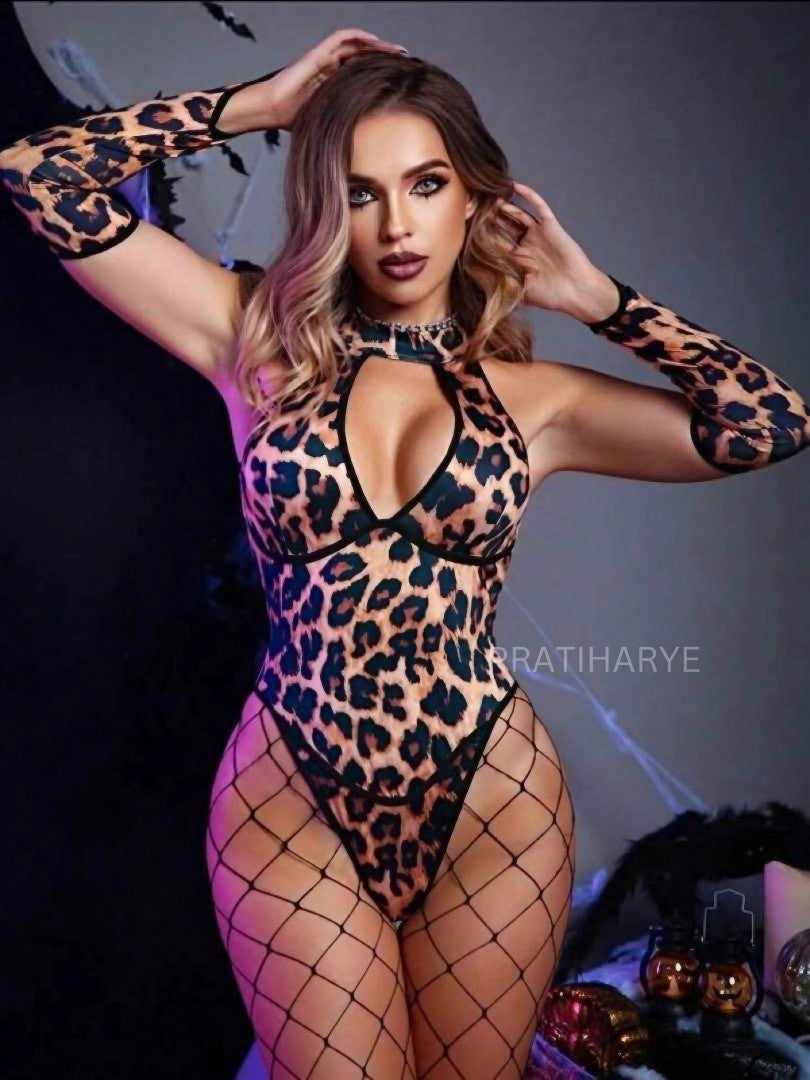 Leopard Print Bodysuit with Sleeves and stocking