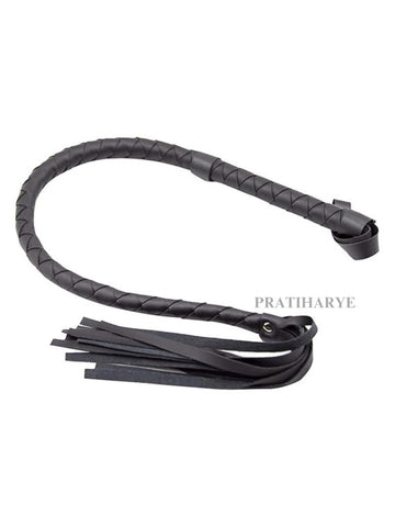 Black PU leather flogger whip with braided loop handle and tassel fringe